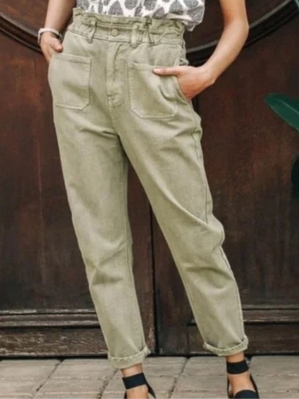 Bohme Distressed Sage Green Utility High Rise Paper Bag Barrel Cropped Leg Jeans